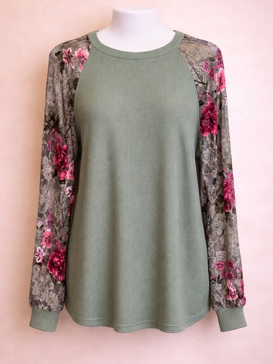 MIHOLL Tops - MIHOLL Size Medium Sage Green Long-Sleeve Thermal Top with Pink Floral Sleeves